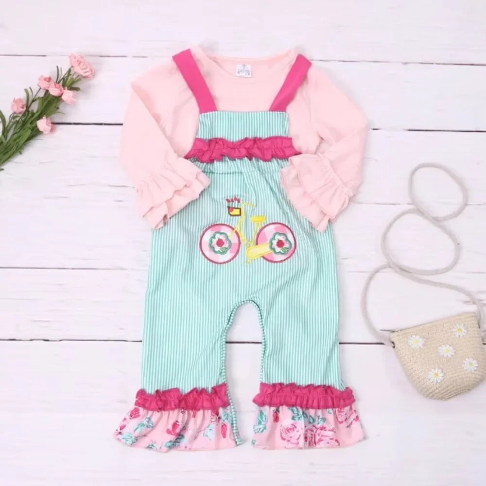 Boutique Baby Girls Bicycle Ruffle Overalls Outfit Set
